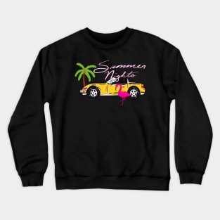 80s Miami Y2K Aesthetic Pink Flamingo Exotic Car Pattern On Dark Blue Background Crewneck Sweatshirt